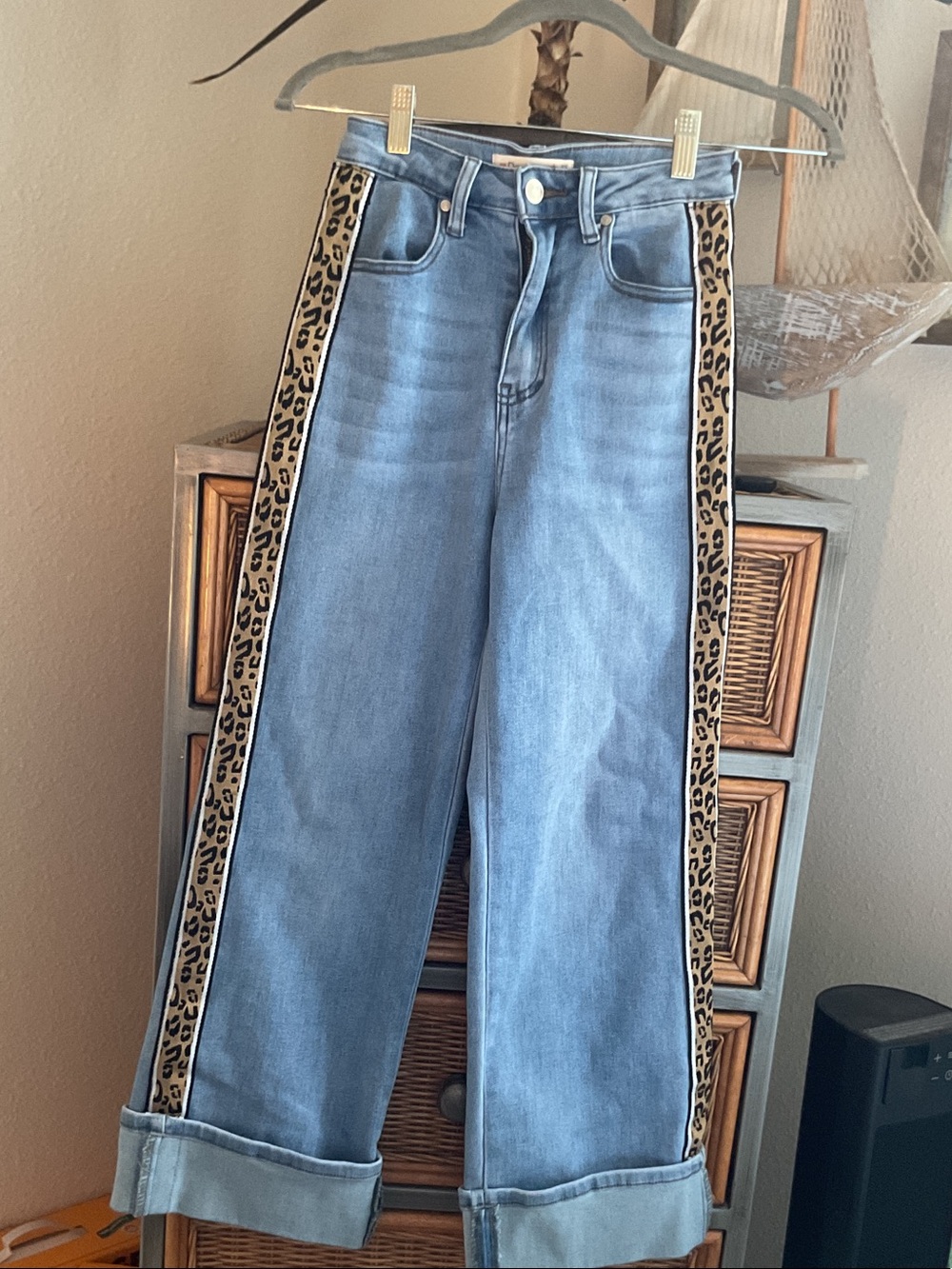 Frame Denim Light Blue Bootcut Jeans with Leopard Side Stripes